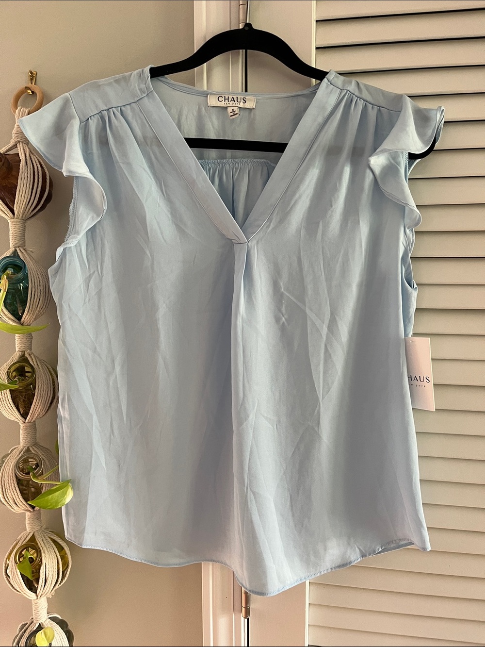 Chaus Soft Blue V-Neck Ruffle Sleeve Blouse
